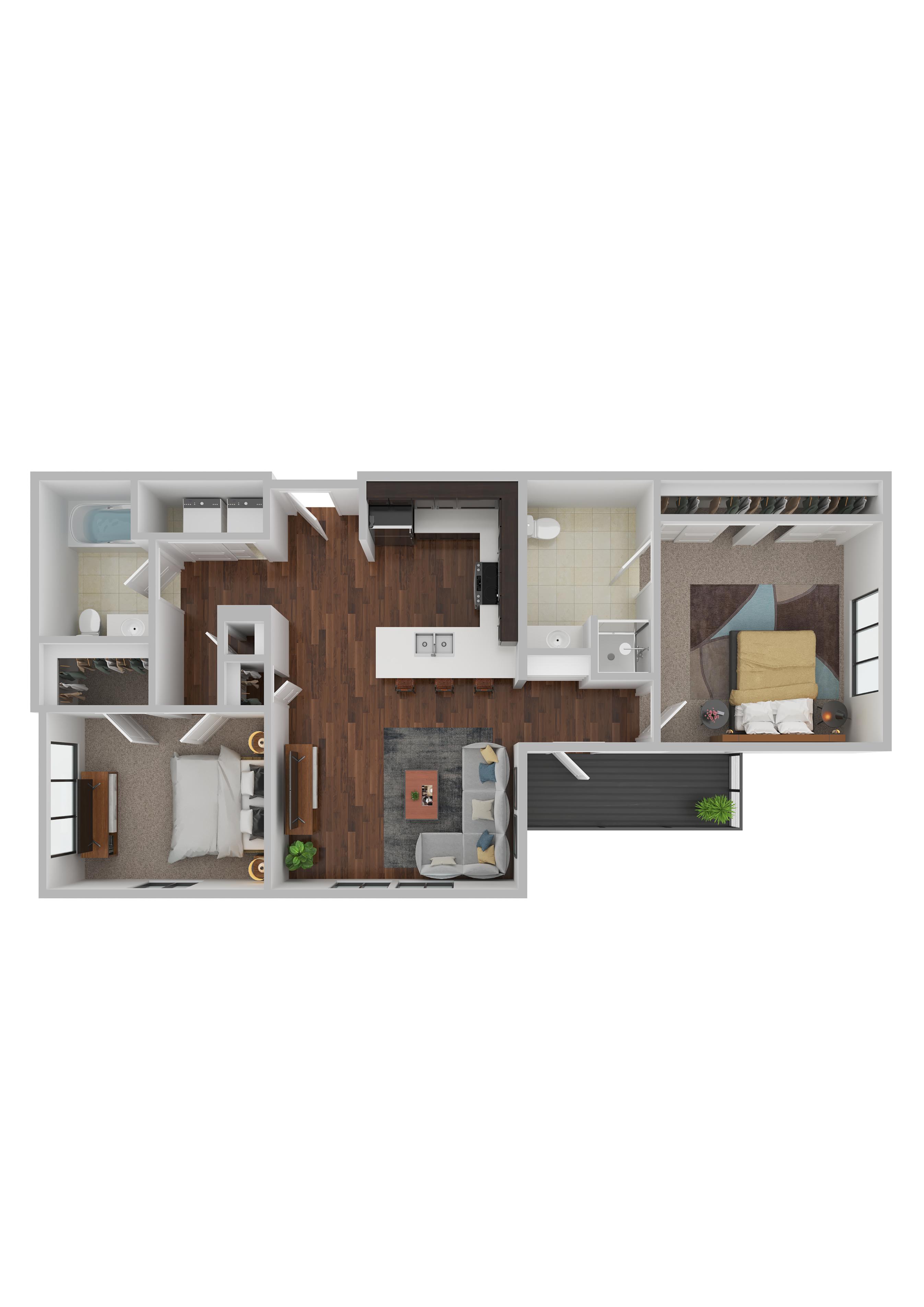 Floor plan for 2 beds, 2 baths, 1017 sqft